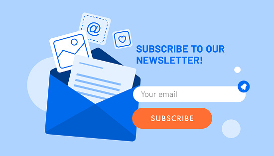 Newsletter subscription banner. Vector illustration for online marketing and business. Open envelope with different documents and photos flying out. Template for mailing and newsletter.